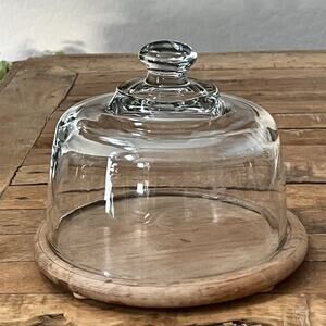 Vintage Teak Wood Cheese Server By GoodWood Heavy Etched Glass Dome Clutch 7.5"